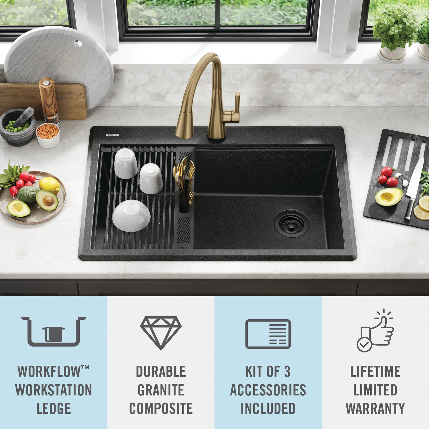 33” Granite Composite Workstation Kitchen Sink Drop-In Top Mount Single Bowl with WorkFlow™ Ledge and Accessories, image 15